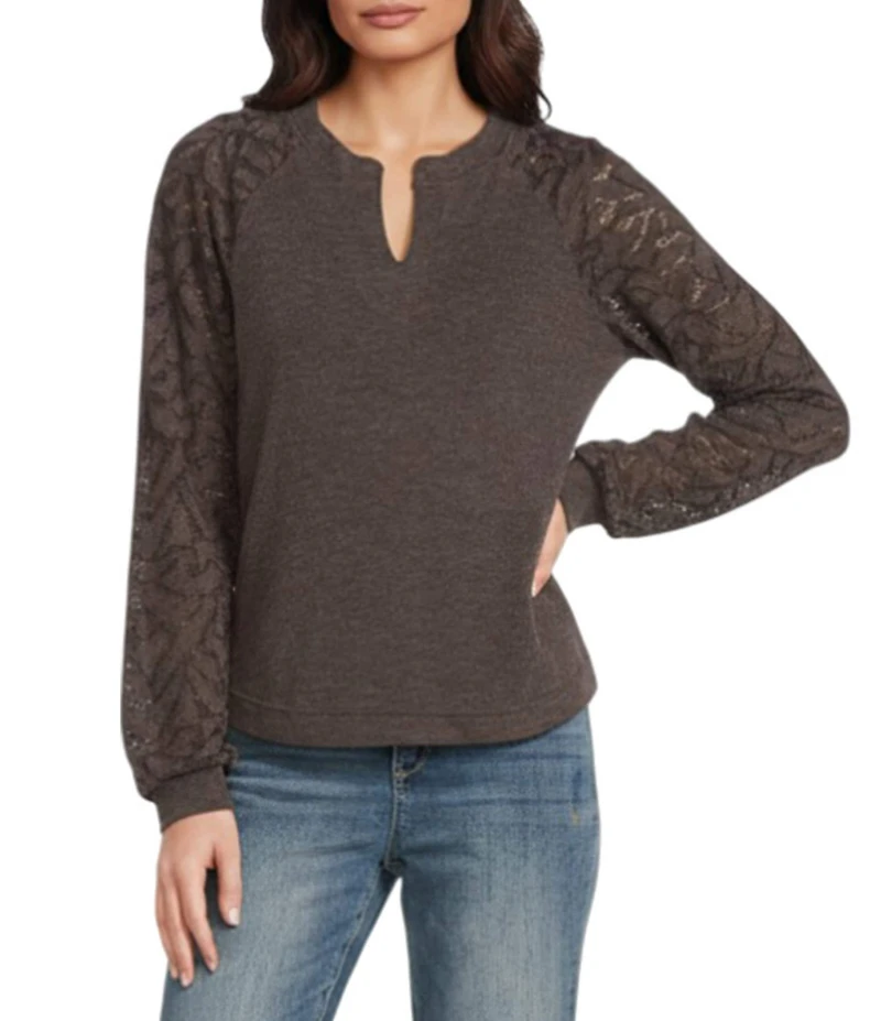 Democracy Mixed-Media Knit Split Round Neck Long Blouson Sleeve Top