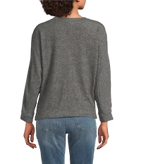 Democracy Mixed-Media Knit Split V-Neck 3/4 Sleeve Twist Front Hem Top