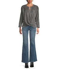 Democracy Mixed-Media Knit Split V-Neck 3/4 Sleeve Twist Front Hem Top