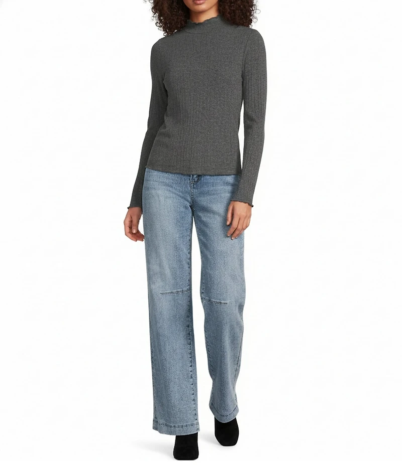 Democracy Mixed-Media Mock Neck Long Sleeve Lettuce Edge Detail Popover Top