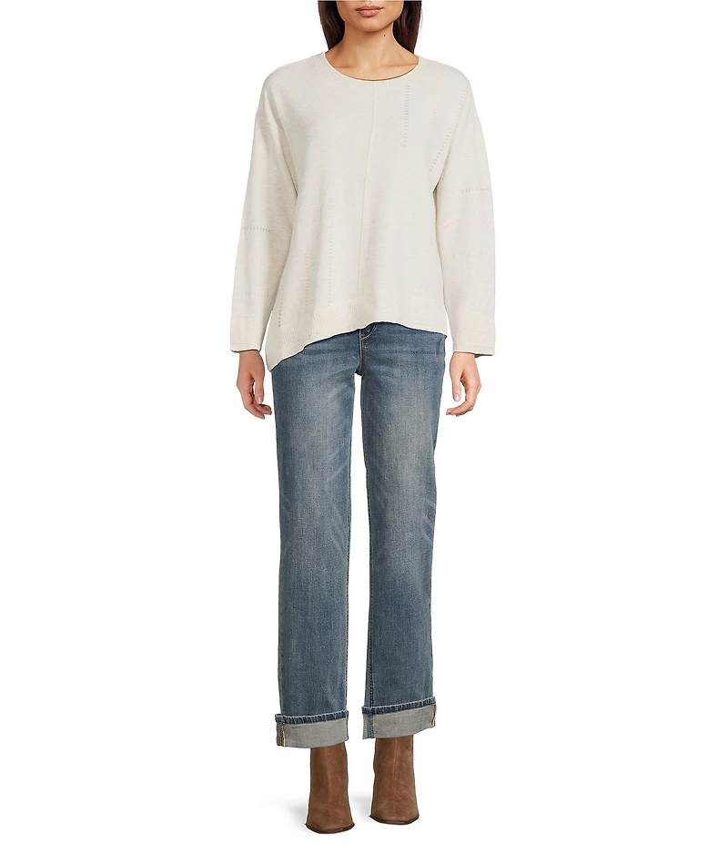 Democracy Mixed-Media Scoop Neck Long Sleeve Asymmetric Hem Knit Top