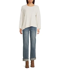 Democracy Mixed-Media Scoop Neck Long Sleeve Asymmetric Hem Knit Top