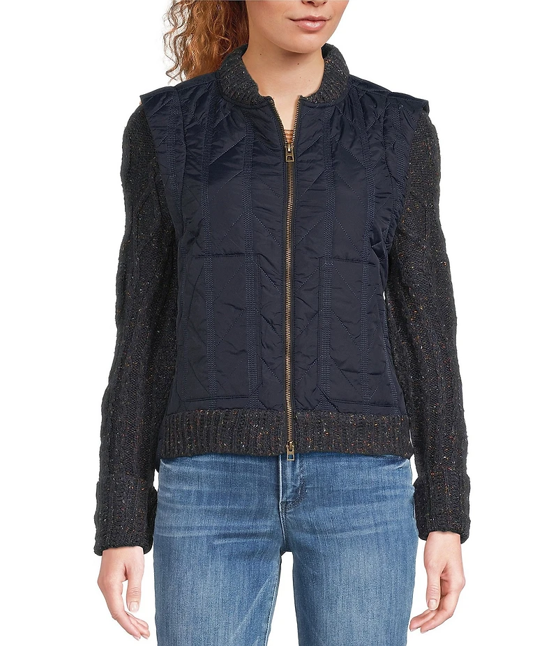 Democracy Mixed-Media Stand Collar Long Sweater Sleeve Zip-Front Quilted Vest Jacket