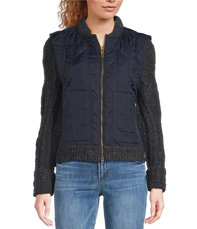 Democracy Mixed-Media Stand Collar Long Sweater Sleeve Zip-Front Quilted Vest Jacket
