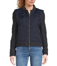 Democracy Mixed-Media Stand Collar Long Sweater Sleeve Zip-Front Quilted Vest Jacket