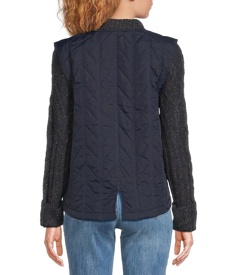 Democracy Mixed-Media Stand Collar Long Sweater Sleeve Zip-Front Quilted Vest Jacket