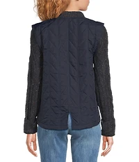 Democracy Mixed-Media Stand Collar Long Sweater Sleeve Zip-Front Quilted Vest Jacket