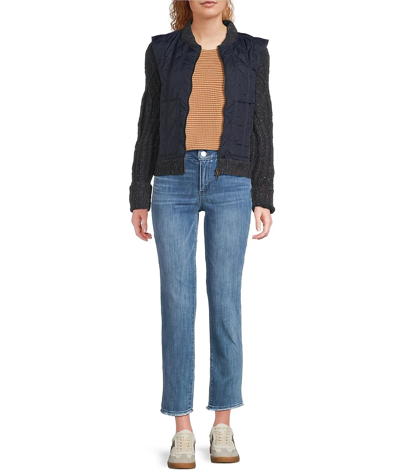 Democracy Mixed-Media Stand Collar Long Sweater Sleeve Zip-Front Quilted Vest Jacket