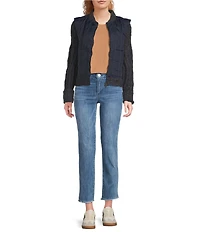 Democracy Mixed-Media Stand Collar Long Sweater Sleeve Zip-Front Quilted Vest Jacket