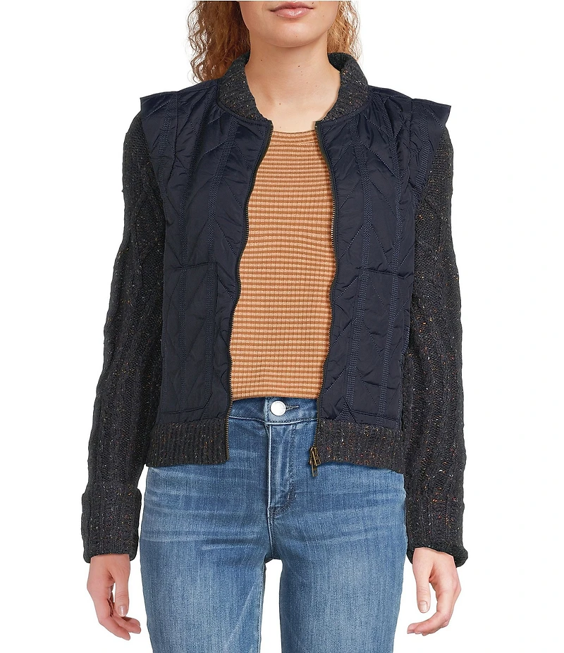 Democracy Mixed-Media Stand Collar Long Sweater Sleeve Zip-Front Quilted Vest Jacket