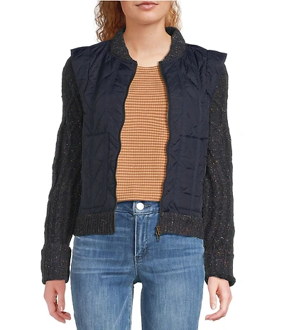 Democracy Mixed-Media Stand Collar Long Sweater Sleeve Zip-Front Quilted Vest Jacket