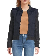 Democracy Mixed-Media Stand Collar Long Sweater Sleeve Zip-Front Quilted Vest Jacket
