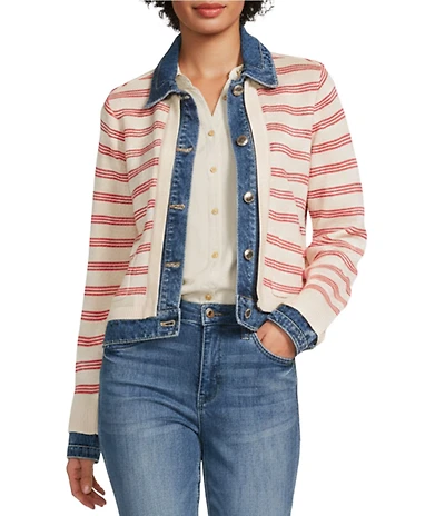 Democracy Mixed-Media Stripe Point Collar Long Sleeve Contrast Trim Button Front Jacket