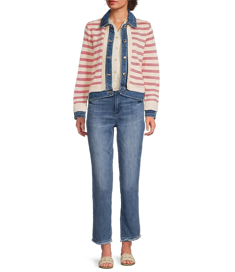 Democracy Mixed-Media Stripe Point Collar Long Sleeve Contrast Trim Button Front Jacket