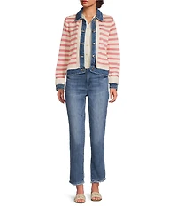 Democracy Mixed-Media Stripe Point Collar Long Sleeve Contrast Trim Button Front Jacket