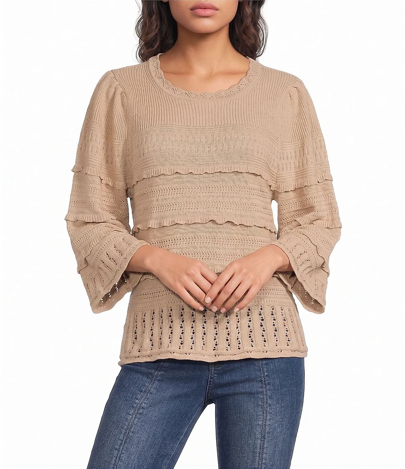 Democracy Mixed Stitch Round Neck 3/4 Bell Sleeve Sweater
