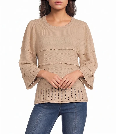Democracy Mixed Stitch Round Neck 3/4 Bell Sleeve Sweater