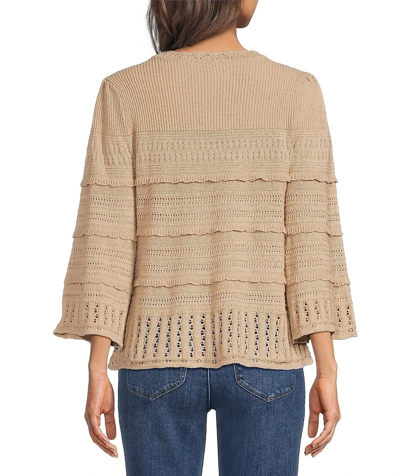 Democracy Mixed Stitch Round Neck 3/4 Bell Sleeve Sweater