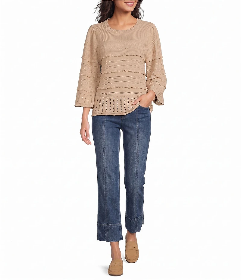Democracy Mixed Stitch Round Neck 3/4 Bell Sleeve Sweater