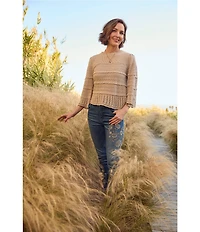 Democracy Mixed Stitch Round Neck 3/4 Bell Sleeve Sweater