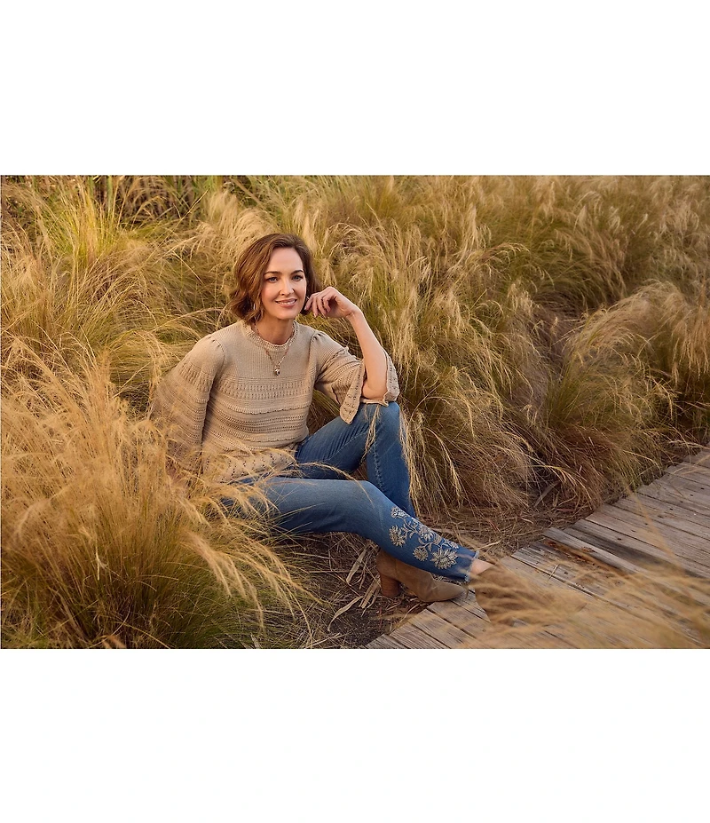 Democracy Mixed Stitch Round Neck 3/4 Bell Sleeve Sweater