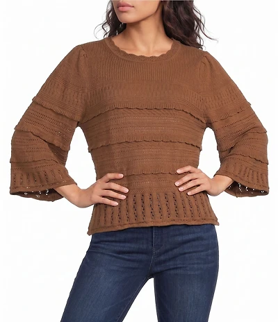 Democracy Mixed Stitch Round Neck 3/4 Bell Sleeve Sweater