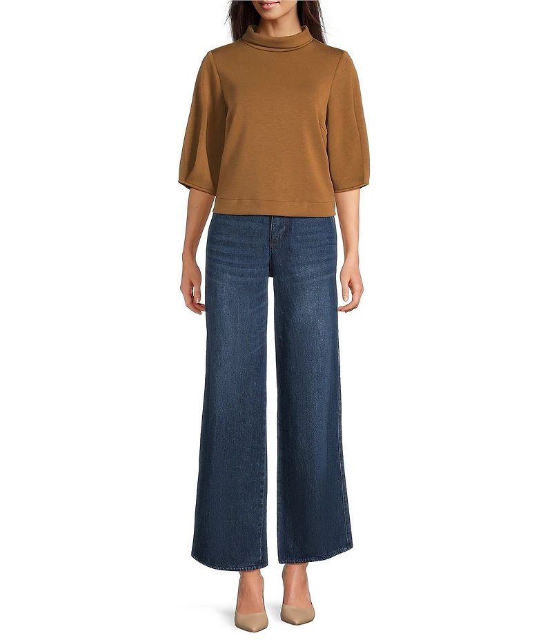 Democracy Mock Neck 3/4 Sleeve Crop Knit Top