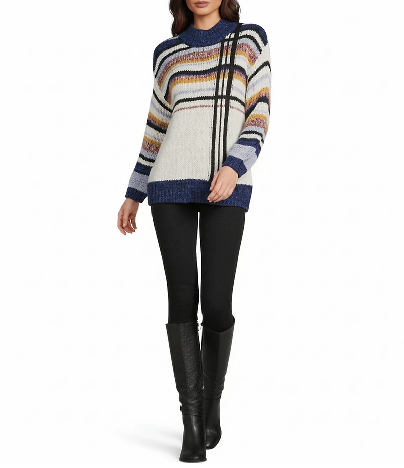 Democracy Mock Neck Long Sleeve Placement Striped Sweater