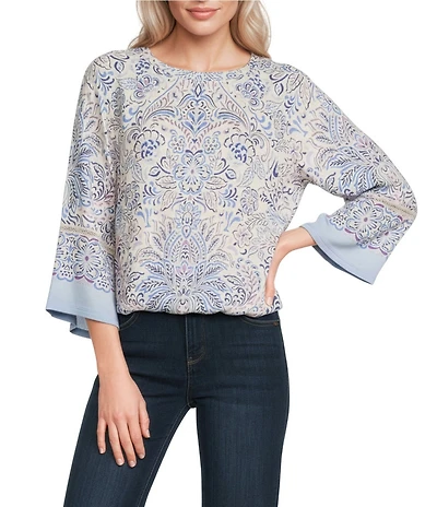 Democracy Paisley Floral Boat Neck 3/4 Kimono Sleeve Bubble Hem Top