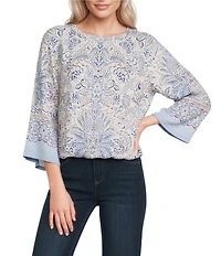 Democracy Paisley Floral Boat Neck 3/4 Kimono Sleeve Bubble Hem Top