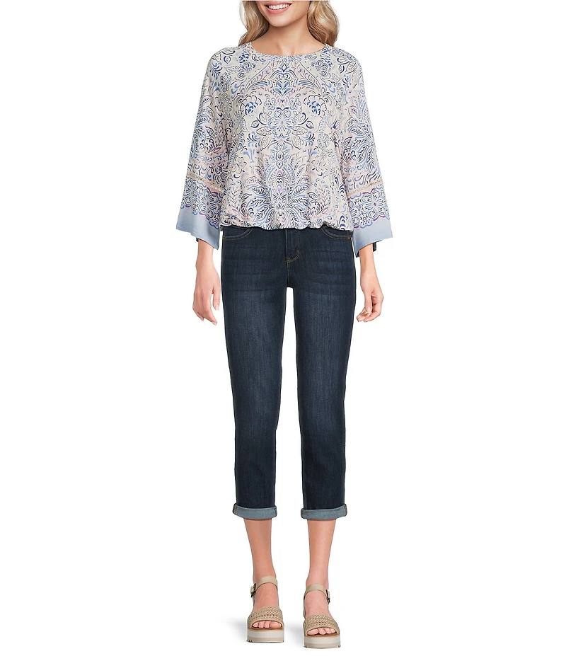 Democracy Paisley Floral Boat Neck 3/4 Kimono Sleeve Bubble Hem Top