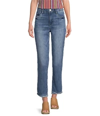 Democracy Petite Size #double;Ab#double;solution® High Rise Embroidered Straight Slim Leg Fray Hem Jeans