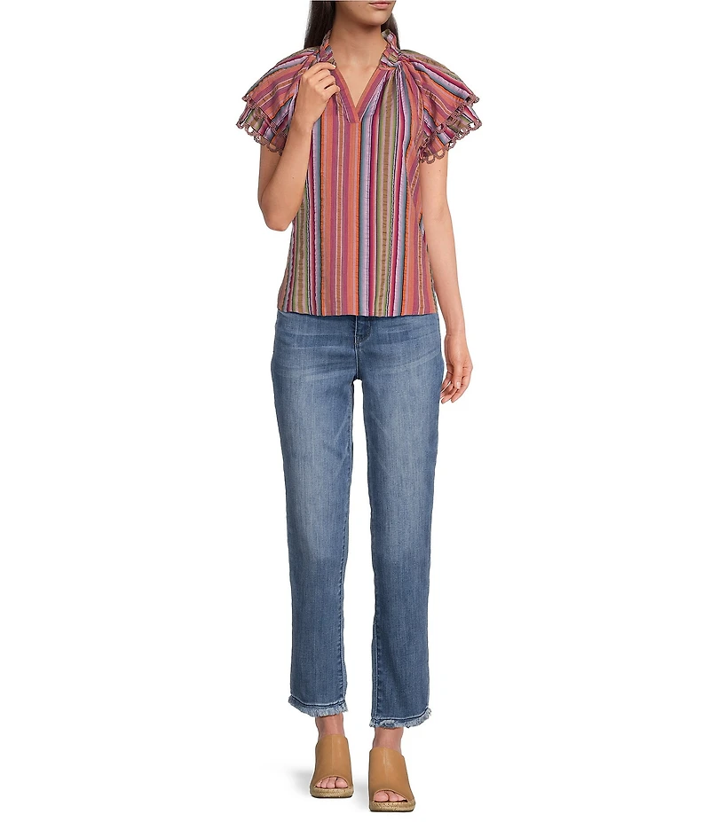 Democracy Petite Size #double;Ab#double;solution® High Rise Embroidered Straight Slim Leg Fray Hem Jeans
