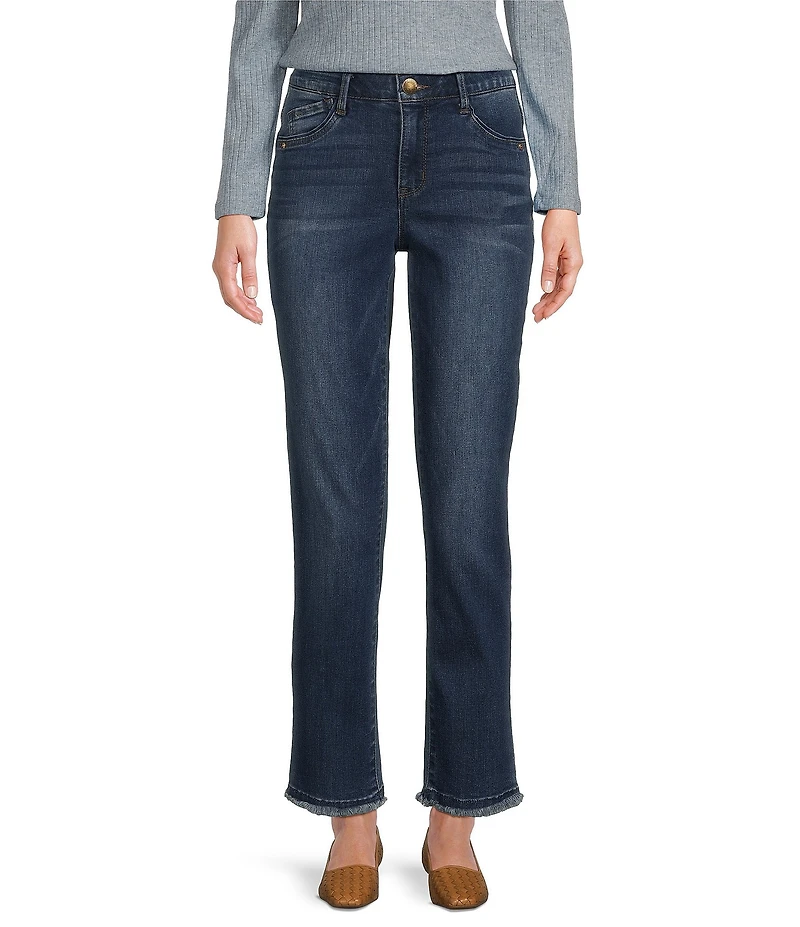 Democracy Petite Size #double;Ab#double;solution® High-Rise Embroidered Straight Slim Leg Fray Hem Jeans