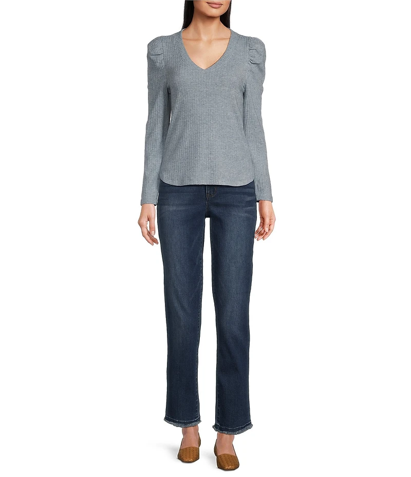 Democracy Petite Size #double;Ab#double;solution® High-Rise Embroidered Straight Slim Leg Fray Hem Jeans