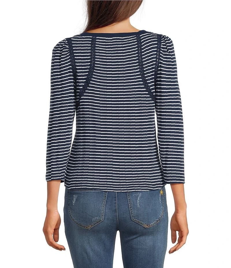 Democracy Petite Size Boat Neck 3/4 Sleeve Stripe Crochet Fagoting Detail Top