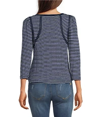 Democracy Petite Size Boat Neck 3/4 Sleeve Stripe Crochet Fagoting Detail Top