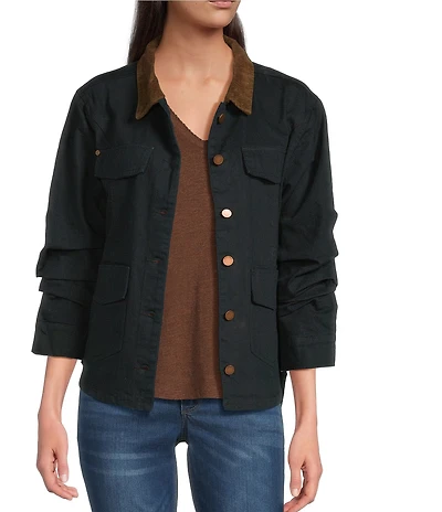 Democracy Petite Size Contrast Corduroy Collar Long Rushed Sleeve Patch Pocket Button-Front Jacket