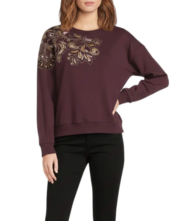 Democracy Petite Size Crew Neck Long Sleeve Beaded Paisley Sweatshirt