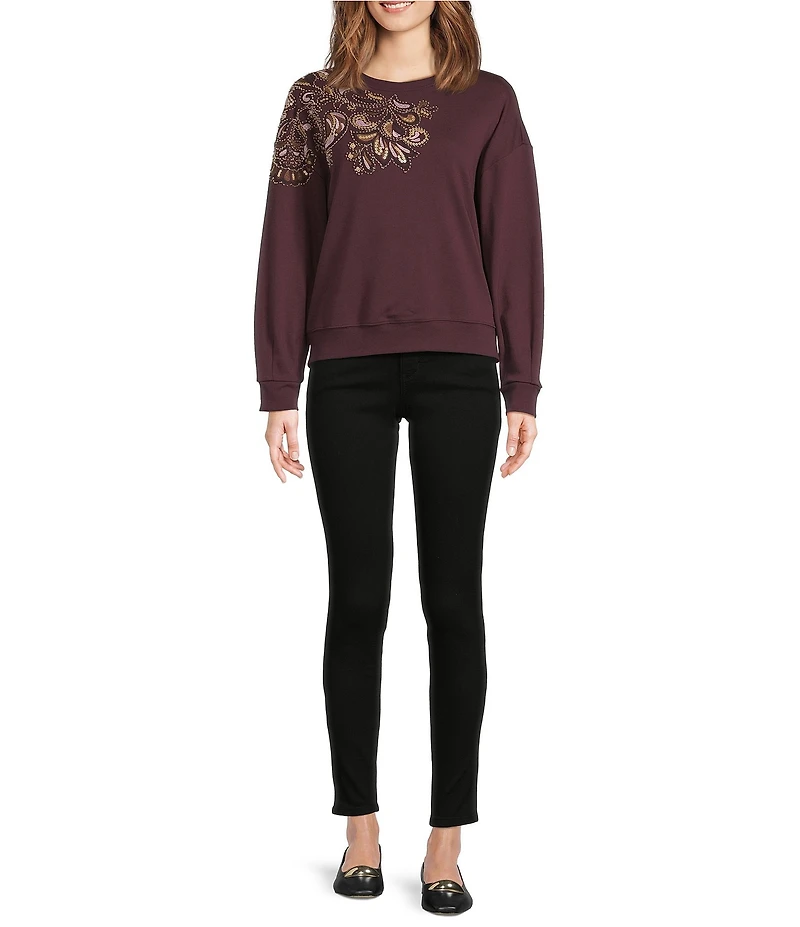 Democracy Petite Size Crew Neck Long Sleeve Beaded Paisley Sweatshirt