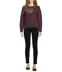 Democracy Petite Size Crew Neck Long Sleeve Beaded Paisley Sweatshirt