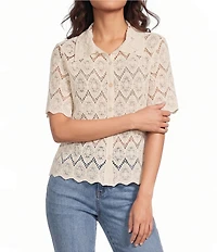 Democracy Petite Size Crochet Collared Short Sleeve Scalloped Edge Button Front Shirt
