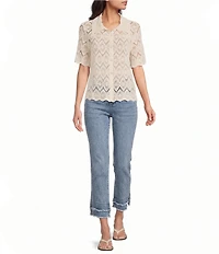 Democracy Petite Size Crochet Collared Short Sleeve Scalloped Edge Button Front Shirt