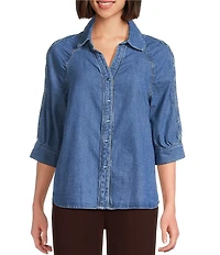 Democracy Petite Size Denim Johnny Collar 3/4 Sleeve Scalloped Trim Snap Front Shirt