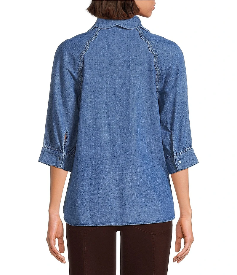 Democracy Petite Size Denim Johnny Collar 3/4 Sleeve Scalloped Trim Snap Front Shirt