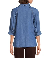 Democracy Petite Size Denim Johnny Collar 3/4 Sleeve Scalloped Trim Snap Front Shirt