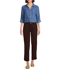 Democracy Petite Size Denim Johnny Collar 3/4 Sleeve Scalloped Trim Snap Front Shirt
