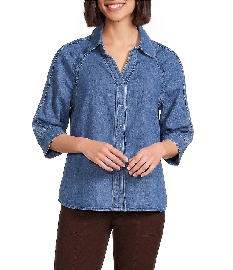Democracy Petite Size Denim Johnny Collar 3/4 Sleeve Scalloped Trim Snap Front Shirt