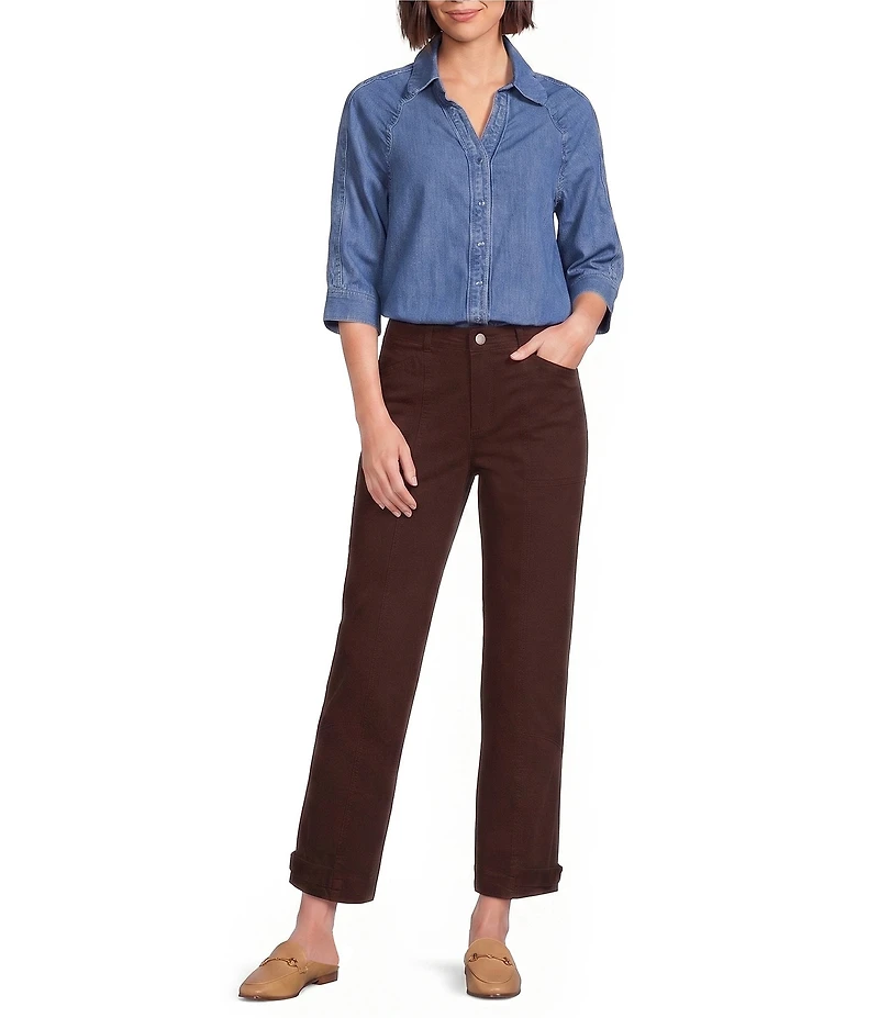 Democracy Petite Size Denim Johnny Collar 3/4 Sleeve Scalloped Trim Snap Front Shirt