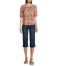 Democracy Petite Size Printed Crew Neck Elbow Sleeve Knit Top